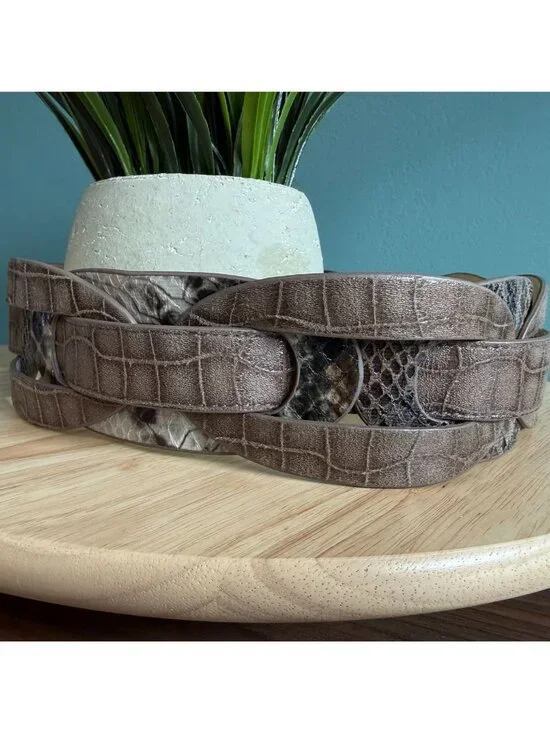 Chicos Belt M Brown Croc Embossed Faux Leather Belt With Snake Print Accents - Picture 7 of 16